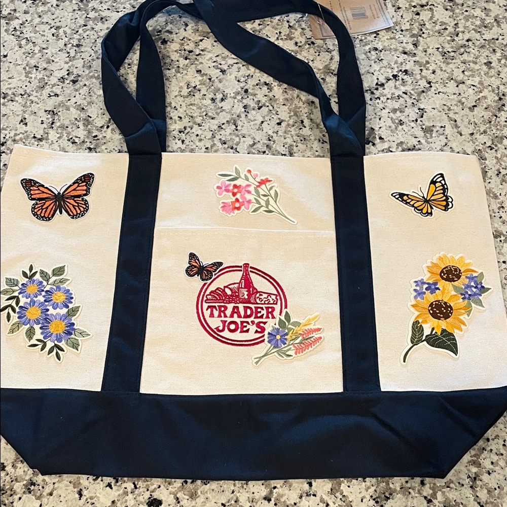 Custom Trader Joe’s large canvas tote bag, sunflowers, butterflies, flowers NWT